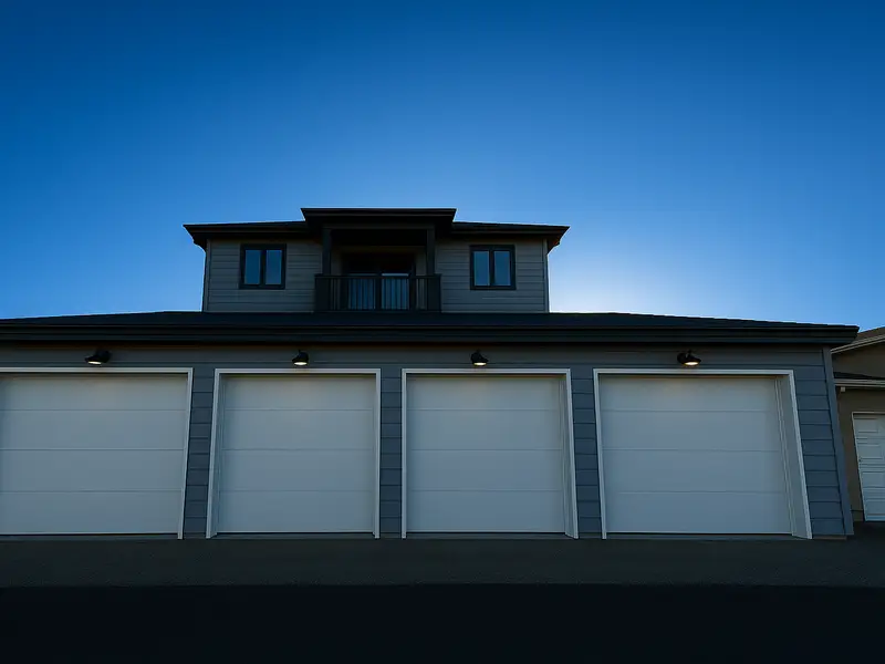 Modern Calgary home at dusk with a professionally installed garage door